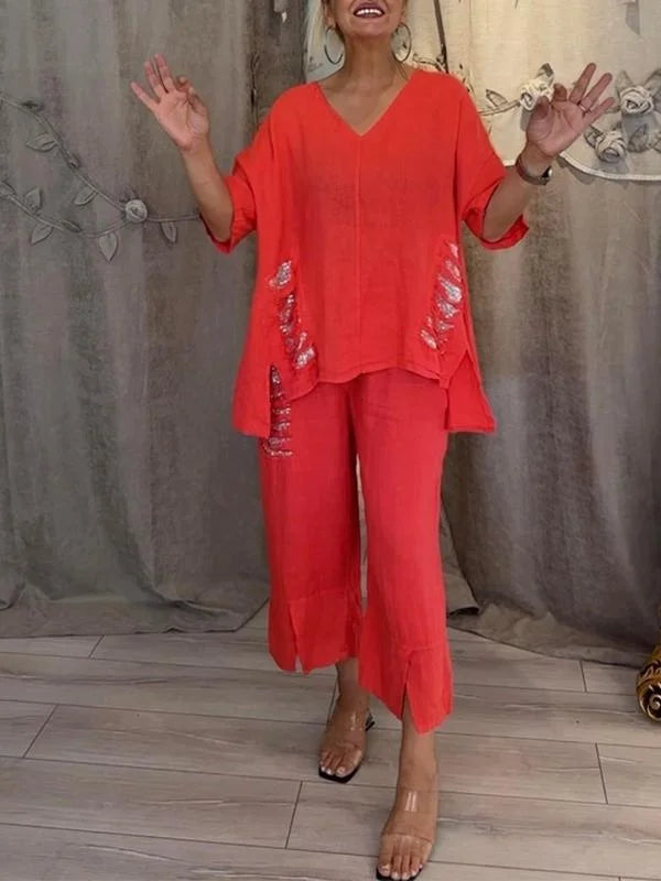 Himashi – Stílusos Kétrészes Pamut és Len öltöny V-Nyakú Kivágással