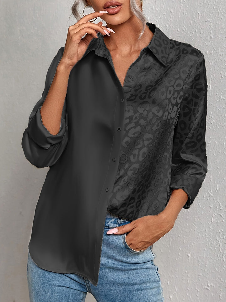 Gwendolyn - Leopárd Mintás Jacquard Két Színű Szatén Gombos Ing