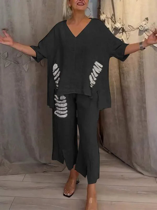 Himashi – Stílusos Kétrészes Pamut és Len öltöny V-Nyakú Kivágással