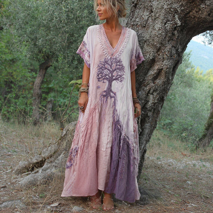 Winifred - Rövid Ujjú Ruha Retro Fa Mintával