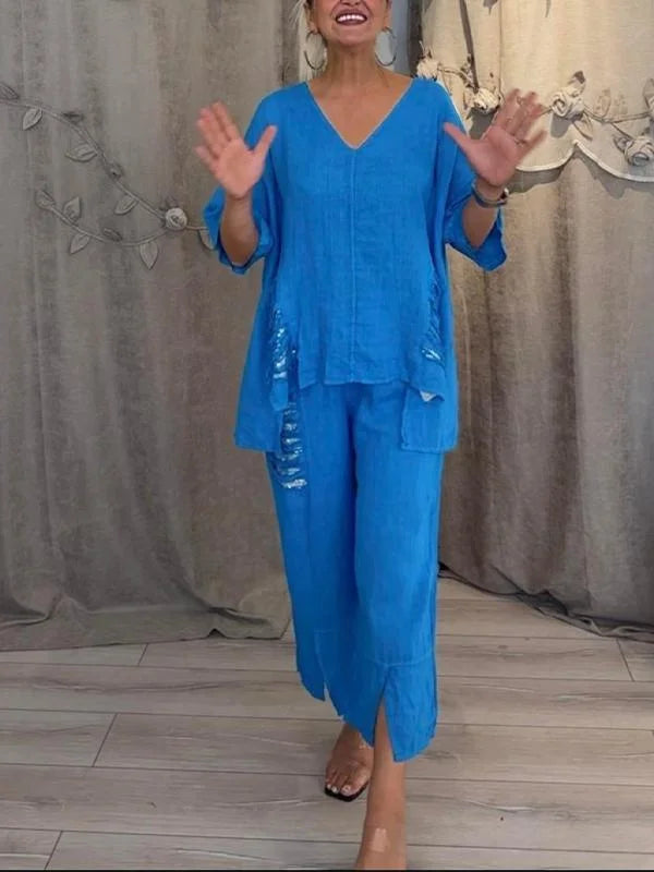 Himashi – Stílusos Kétrészes Pamut és Len öltöny V-Nyakú Kivágással