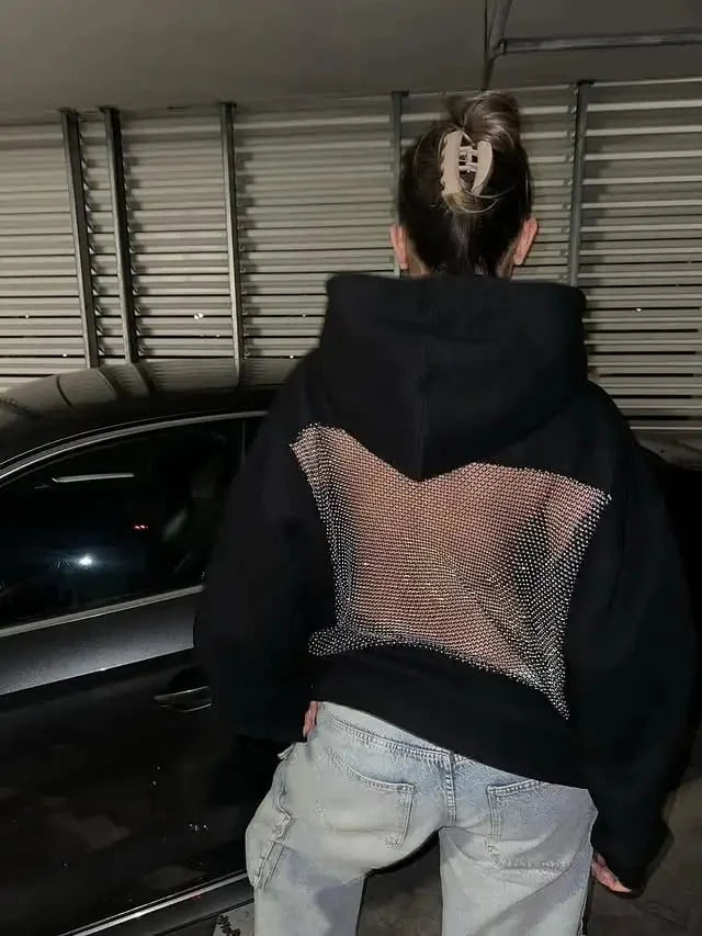 Yasmina - Hátul Nyitott, Csillogó Hálós Kapucnis Pulóver