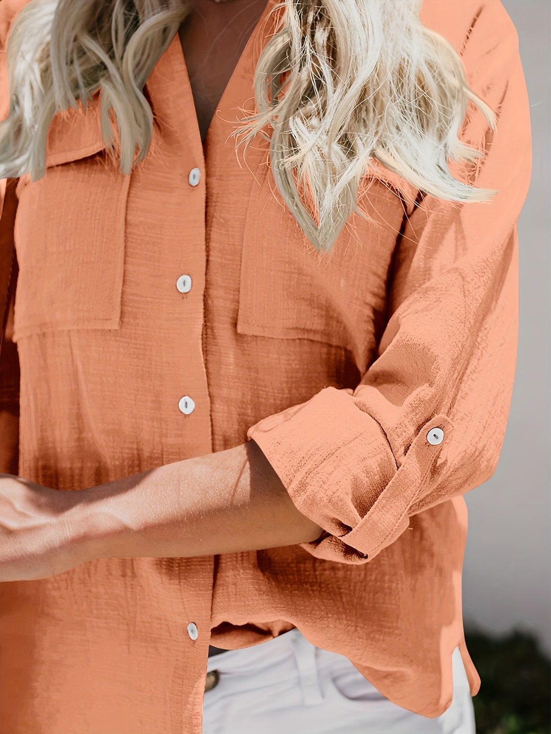 Priscilla - Hosszú Ujjú, V-Nyakú Blúz Gombos Elülső Résszel