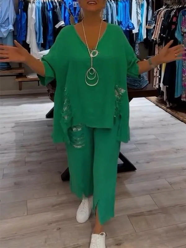 Himashi – Stílusos Kétrészes Pamut és Len öltöny V-Nyakú Kivágással