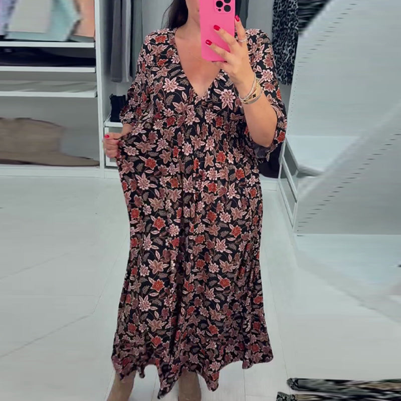 Meika – Nyomtatott V-Nyakú Ujjas Maxi Ruha