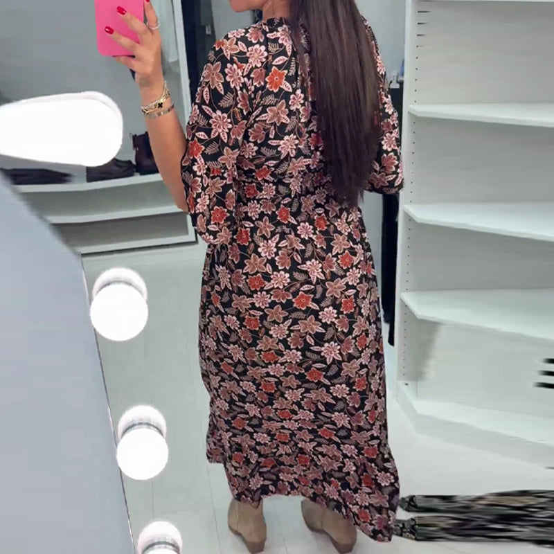 Meika – Nyomtatott V-Nyakú Ujjas Maxi Ruha