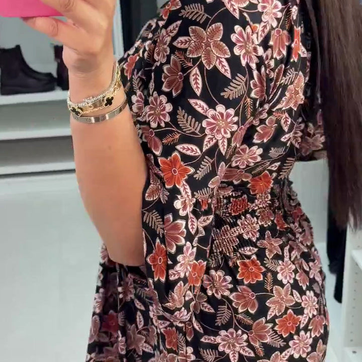 Meika – Nyomtatott V-Nyakú Ujjas Maxi Ruha