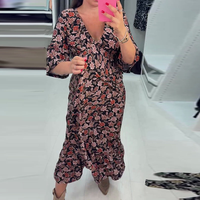 Meika – Nyomtatott V-Nyakú Ujjas Maxi Ruha