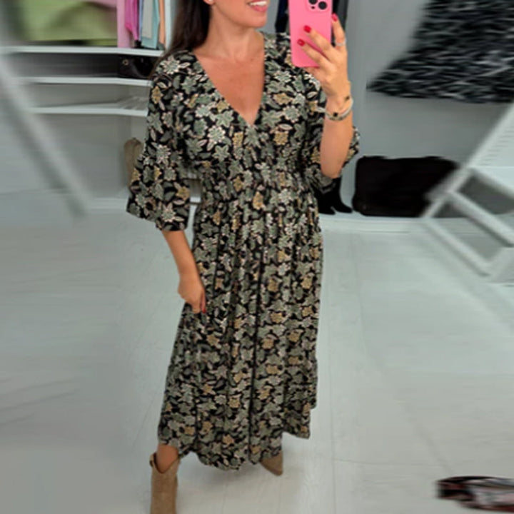 Meika – Nyomtatott V-Nyakú Ujjas Maxi Ruha